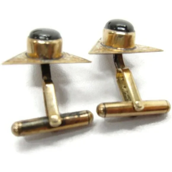 Vintage 10K Gold Black Star Sapphire Cufflinks Triangle Shape Beautiful